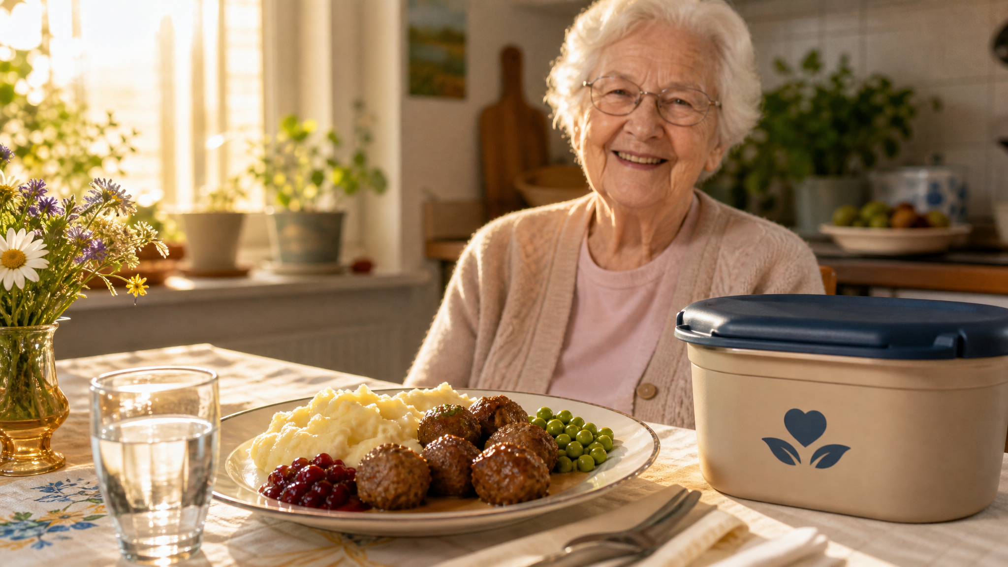 En aptitlig matlåda med näringsrik husmanskost serverad i ett hemtrevligt kök för en äldre person i Mora.