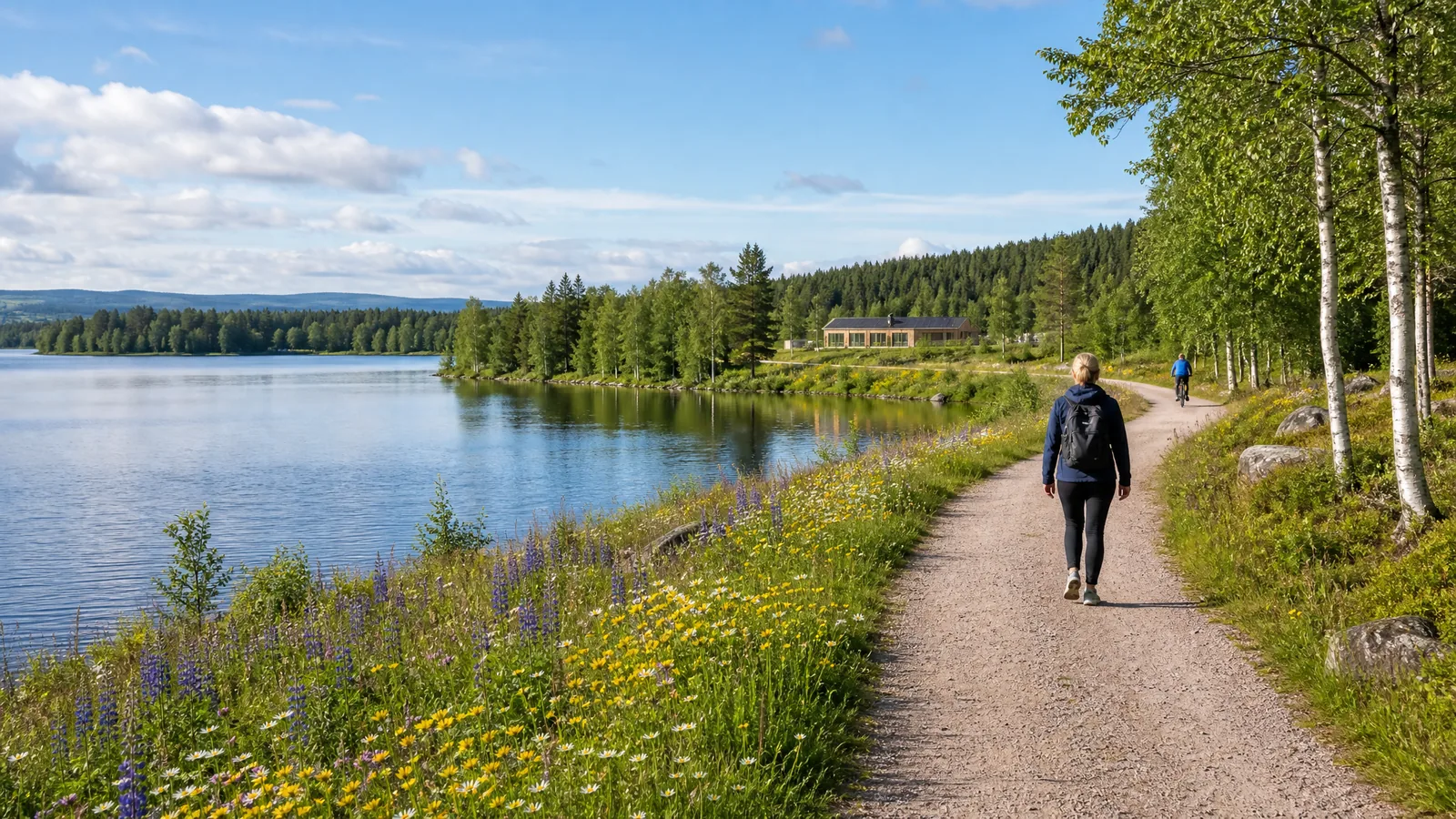 Natur i Mora med sjö, skog, gÄngvÀg och mÀnniskor i hÄllbar miljö