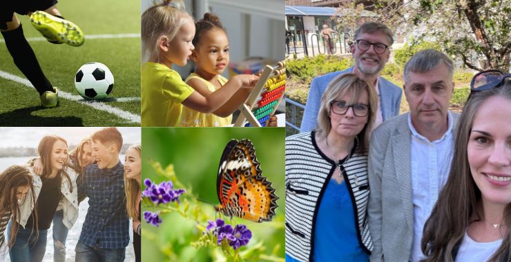 Collage med fotbollsspelare, barn i förskola, ungdomar, natur och representanter för Mittenstyret i Salem. Bilden symboliserar Centerpartiet i Salems arbete för ett levande Salem med fokus på trygghet, skola, klimat och hållbart lokalsamhälle i budget 2026.