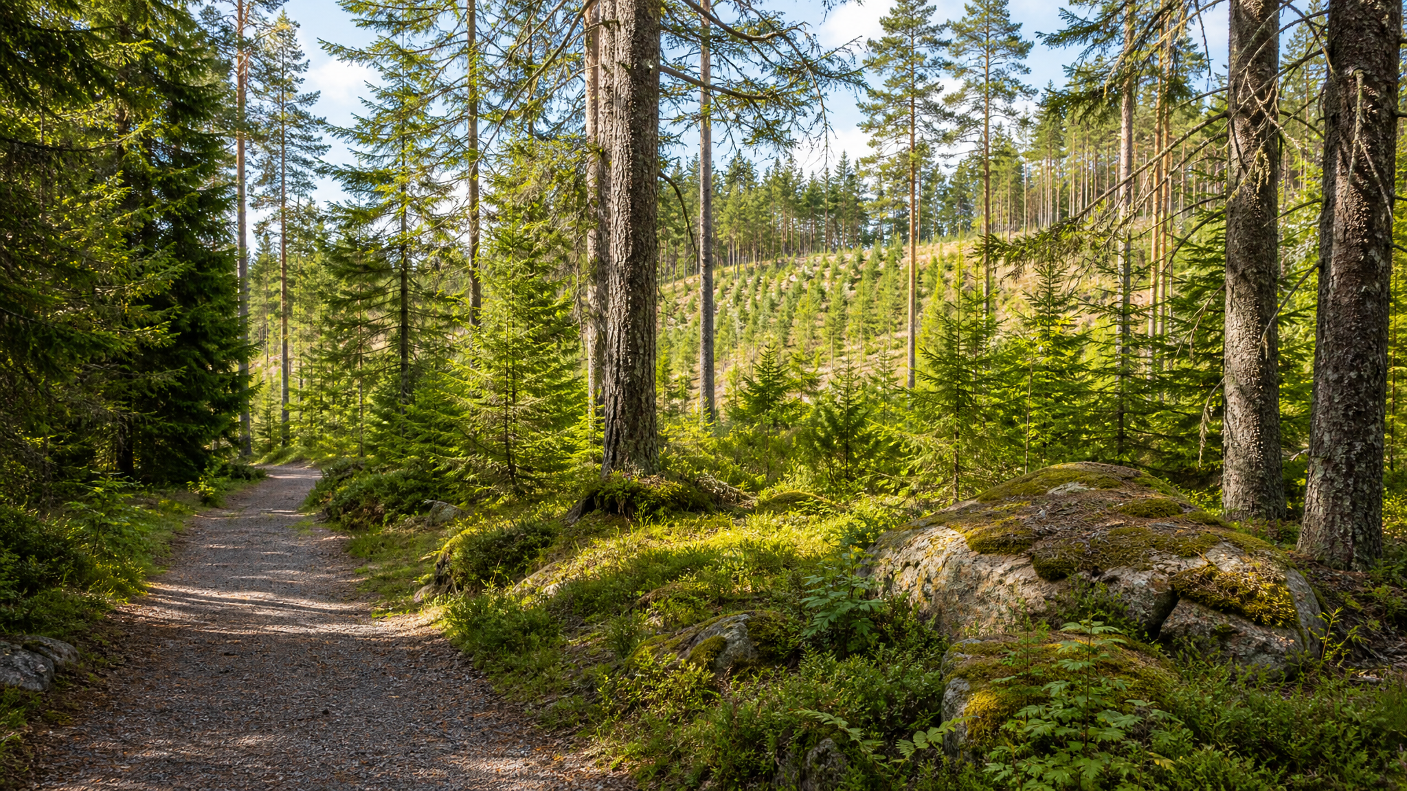 Vandringsled genom en välskött skog i Mora där naturvärden, friluftsliv och hållbart skogsbruk samverkar.