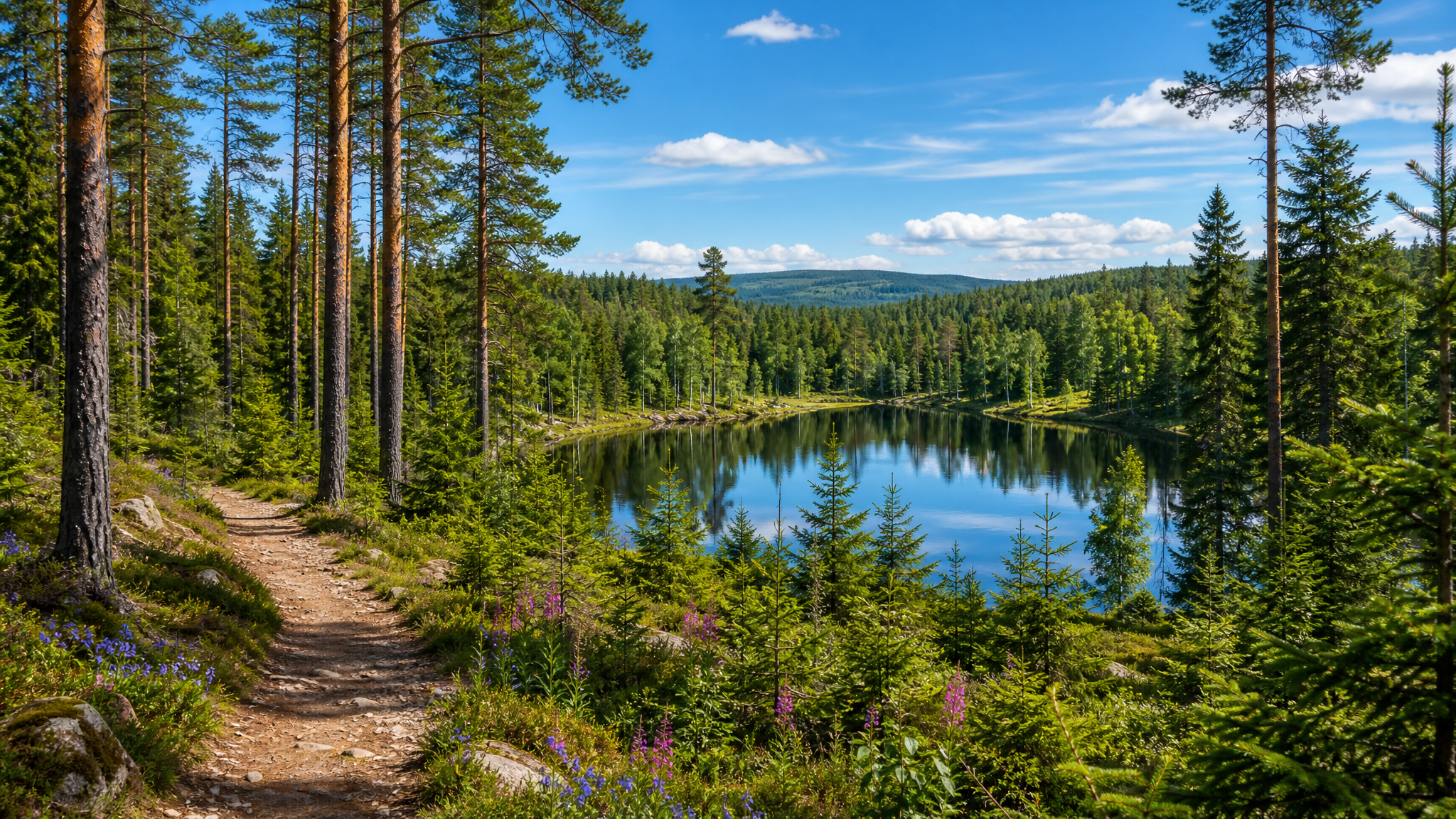 Skogslandskap i Mora med sjö, vandringsled och hållbart brukad skog som visar samspelet mellan natur, friluftsliv och lokala näringar.