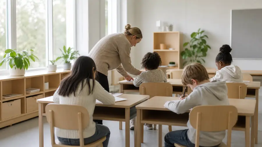 Lärare hjälper elever i ett klassrum i Mora med fokus och studiero.