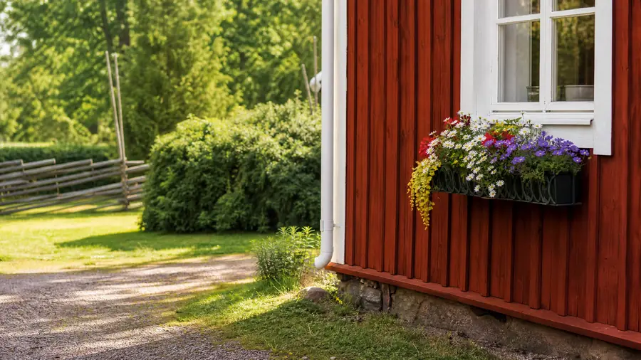 Detaljbild av ett rött hus med vita knutar och blommor, symboliserar en trygg boendemiljö på landsbygden.