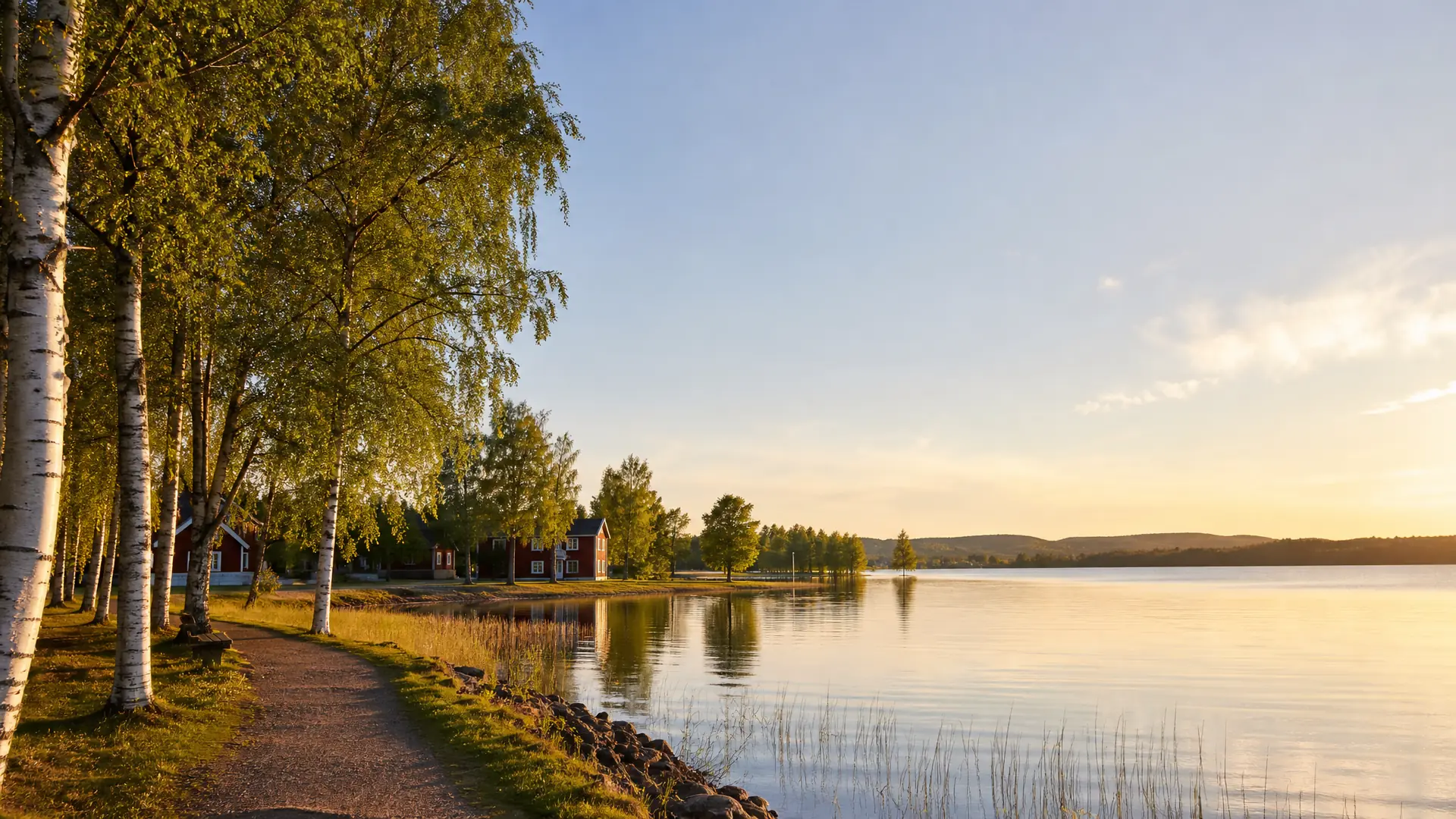 Gångväg vid en prydlig röd träbyggnad i Mora med en cykelparkering och lummiga träd.