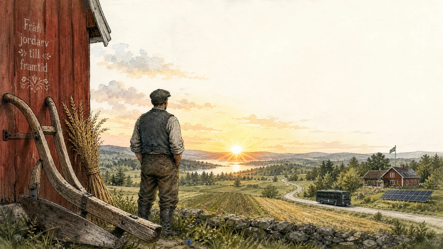 Illustrerad jordbruksmiljö med träplog och spannmål, bonde siluett mot fält i soluppgång och diskreta framtidslösningar i bakgrunden.