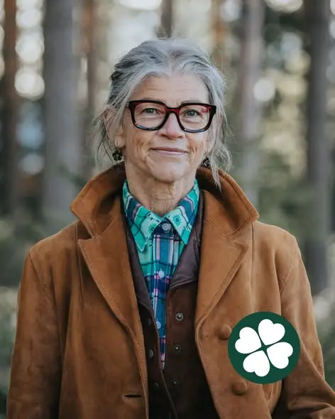 Maria Olofsson i profil med tallar i bakgrunden och Centerklövern nere till höger i bild.