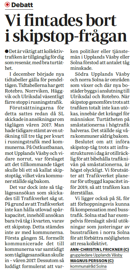 Insändare i Mitti Väsby 2017-12-26: "Vi fintades bort i skipstop-frågan" av Ann-Christin L Frickner och Magnus Persson