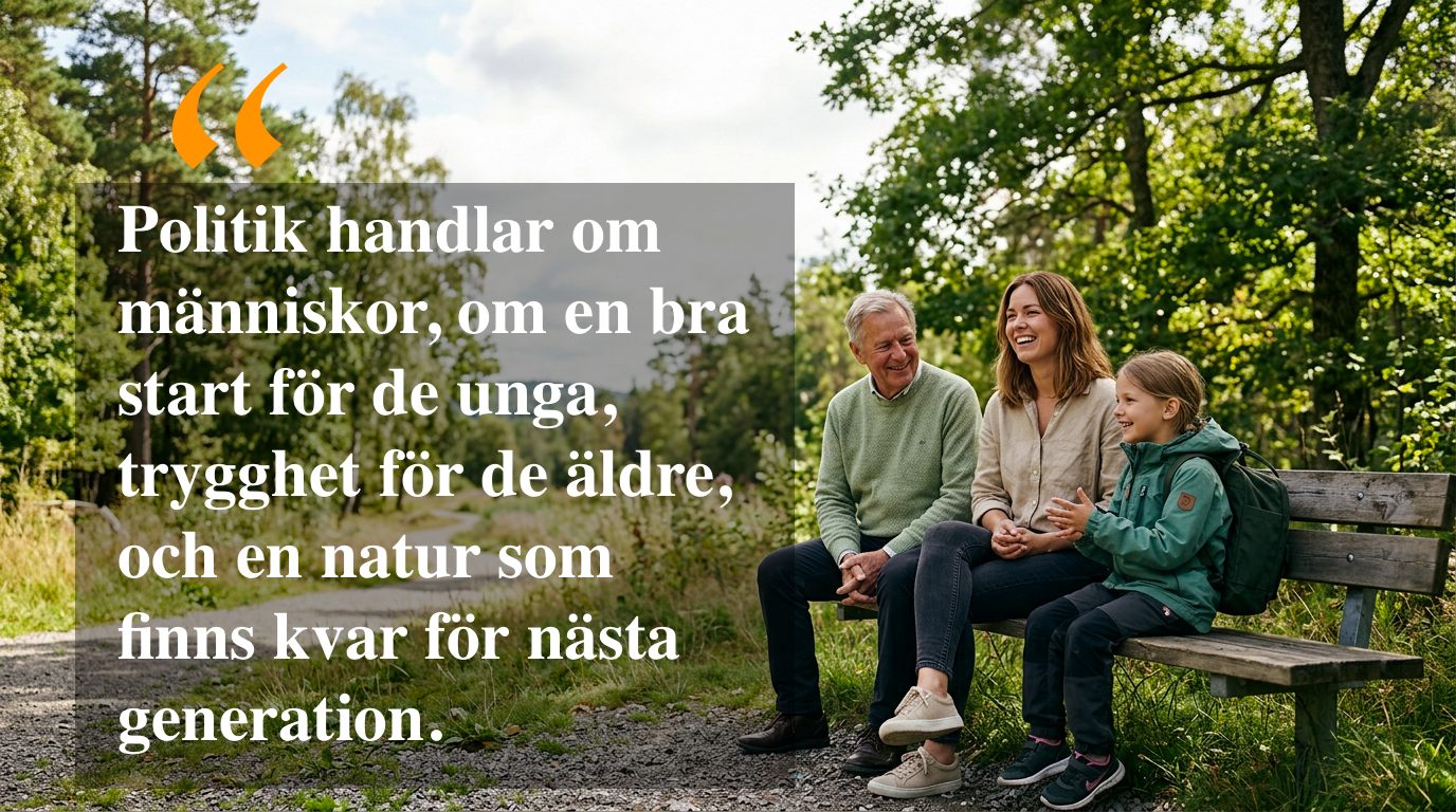 Tre generationer samtalar på en parkbänk vid en skogsstig i Partille