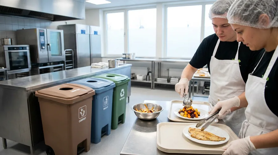 Personal i ett modernt storkök förbereder skolluncher med fokus på minskat matsvinn och källsortering.