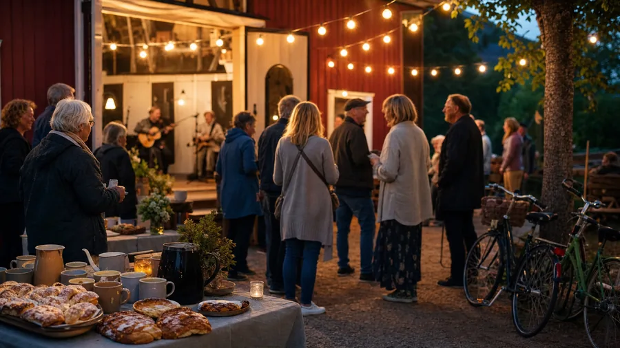 KvÀllstrÀff vid en lokal mötesplats med mÀnniskor i olika Äldrar, kaffe och musik i bakgrunden.