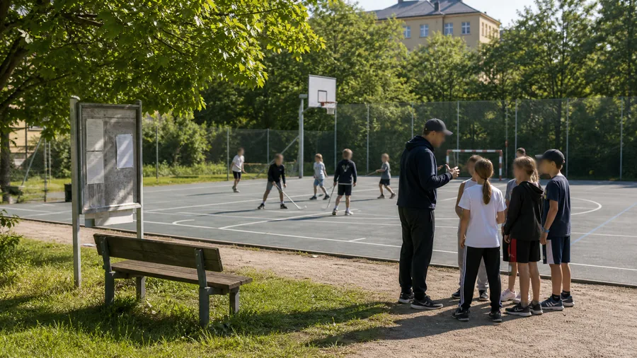 Barn och unga som spelar pÄ en utomhusplan vid en lokal aktivitetsyta, med vuxna ledare vid sidan.
