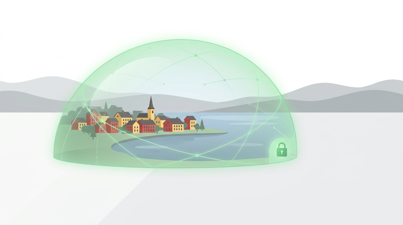 Illustration av trygg digital kommun i Mora med cybersäkerhet och skydd för kommunens digitala tjänster.