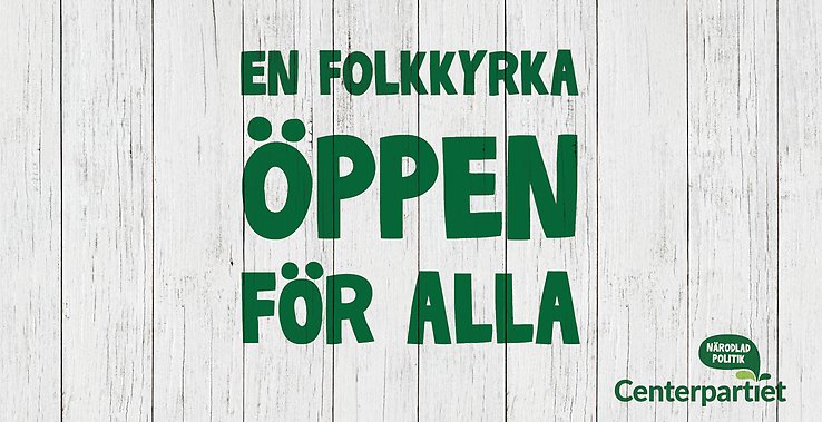 Vitt plakat med texten "En folkkyrka öppen för alla".