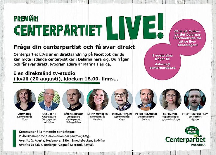 Premiär Centerpartiet Live! 20 augusti kl 18
