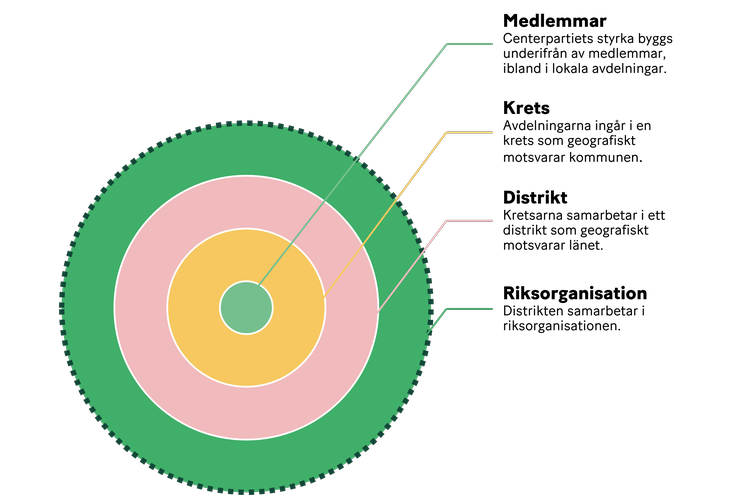 Bilden beskriver hur Centerpartiet är uppbyggt, med kretsar, distrikt och en riksorganisation.
